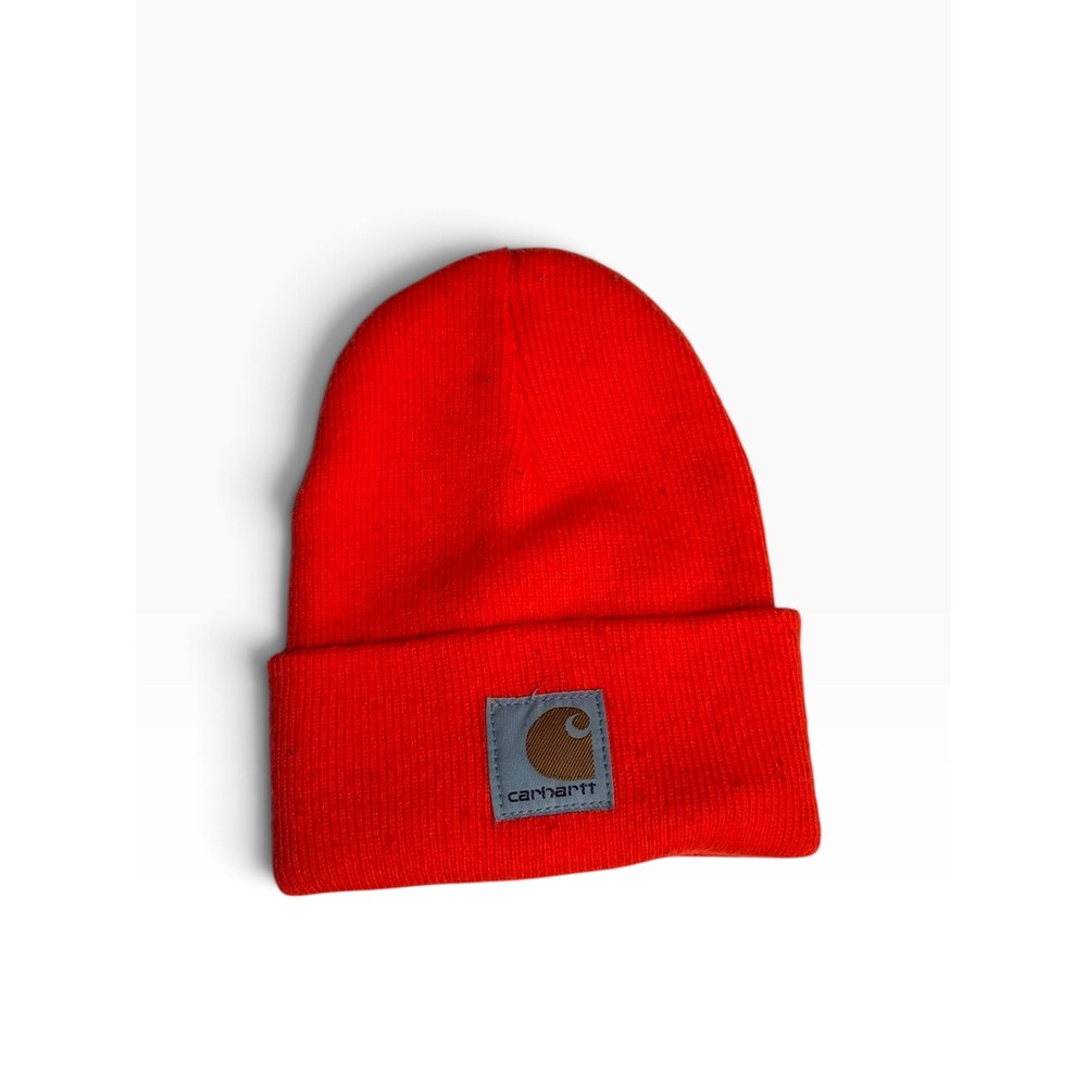 Carhartt Kids Red Knit Beanie Hat Cuffed Logo Patch Workwear Streetwear One Size
